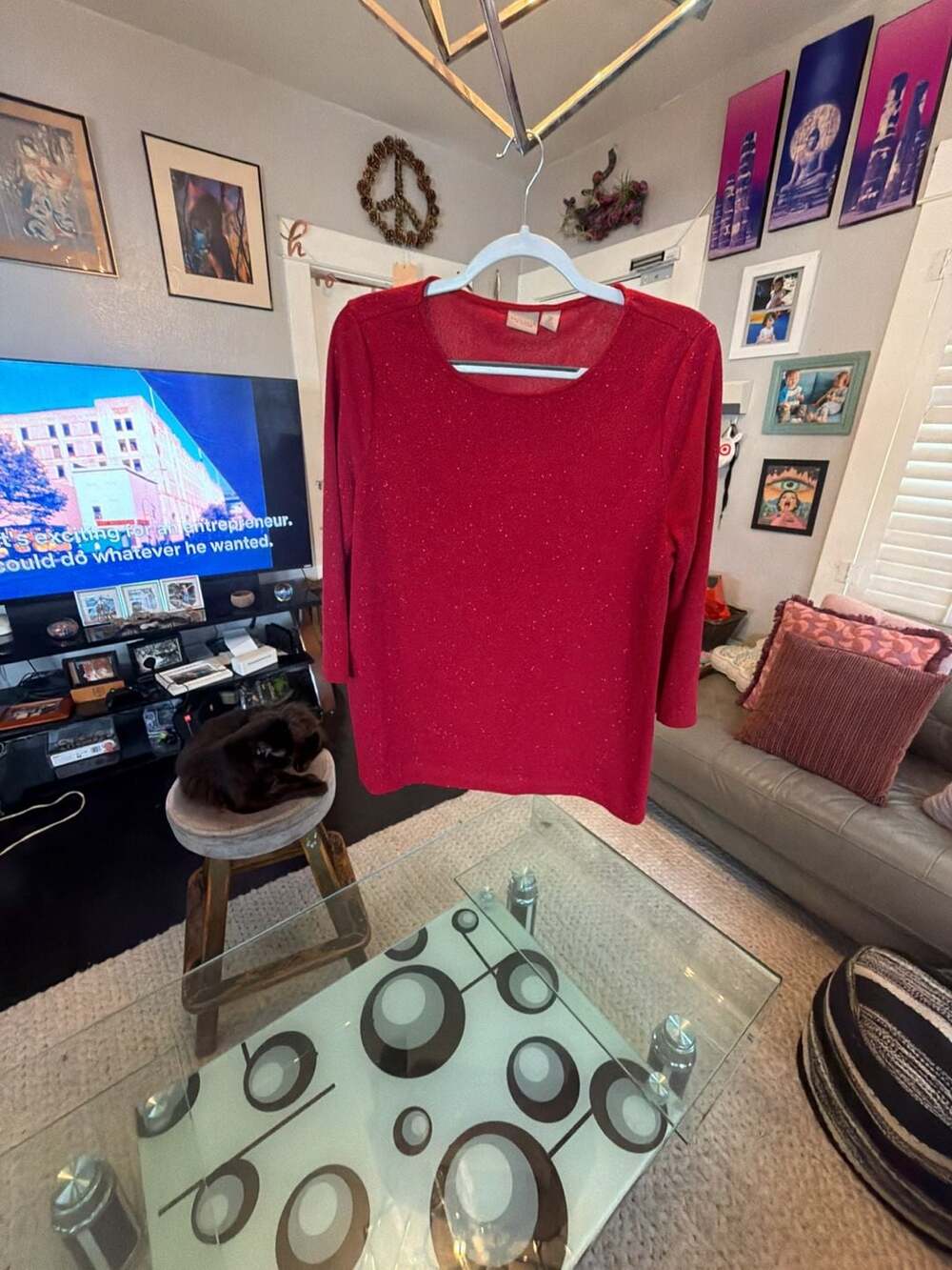 Easywear by Chico's Red Sparkle Knit 3/4 Sleeve Top